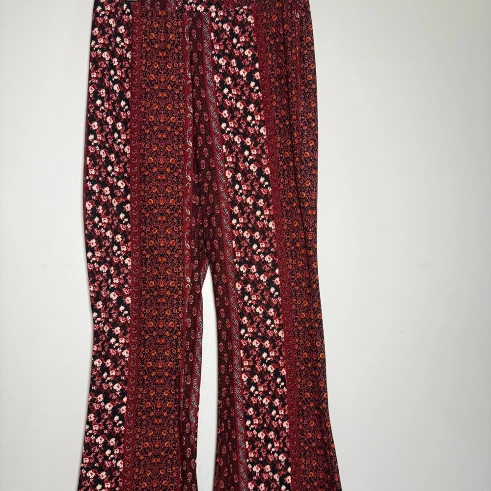 Pink Rose Burgundy Floral Panel Flare Pants XL